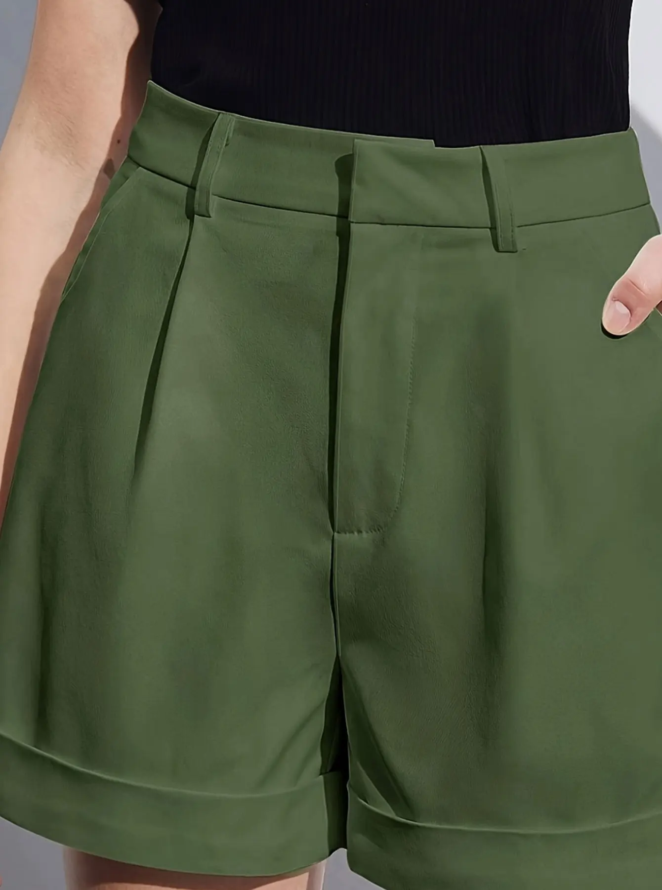 Olive drab Damen-Shorts, übergroß, gewebt, einfarbig, lässig, bequem, lockere Passform, hohe Taille, knielang, Sommermode, Olive d