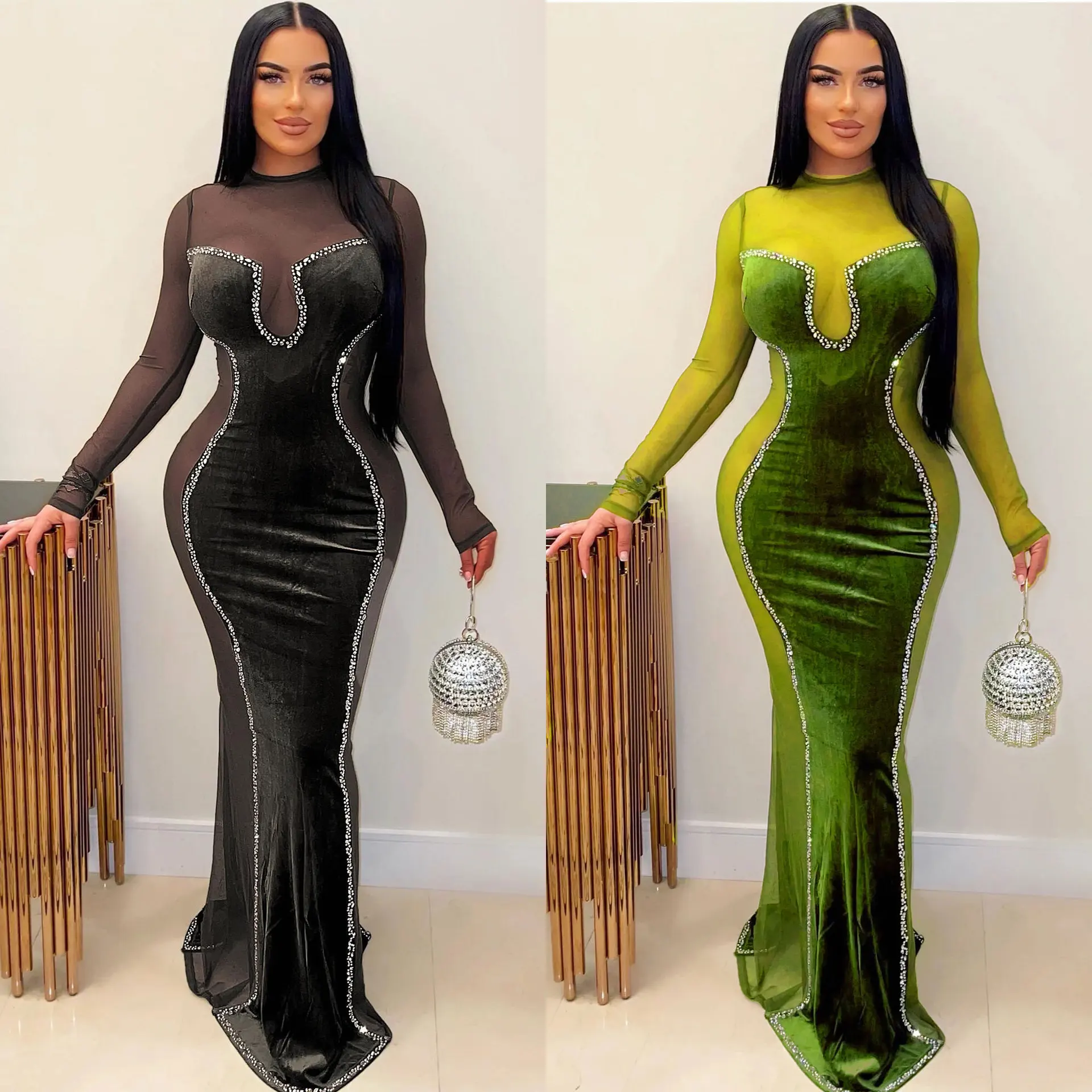 

EINYOO Y2k Women Luxury Mesh Sleeve Velvet Prom Long Dresses Casual Evening Formal Diamonds Outfits Sexy Clothing Traf Zevity