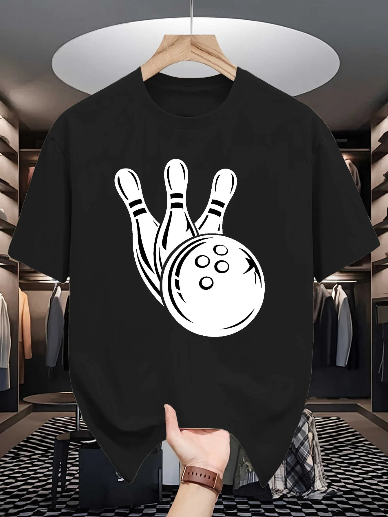 Mens Silhouette Bowling Ball Pins Graphic Tee Simple Sport Print O Neck Short Sleeve Cotton Tops For Bowling Fan Player Men