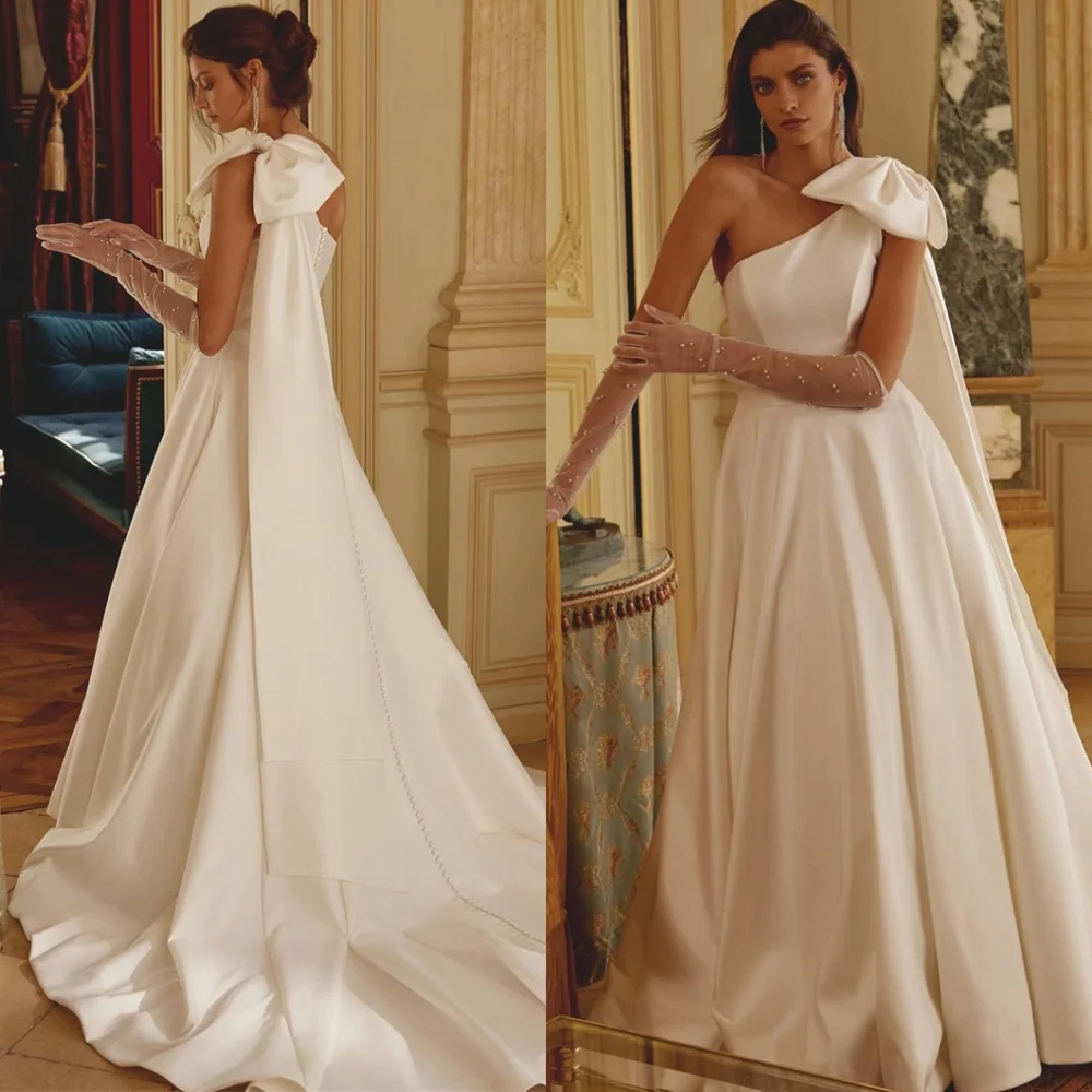 

Customized Temperament Satin Wedding Dresses Dreamy One Shoulder Sleeveless Bow Heavy Industry Wedding Dresses Bride Gowns