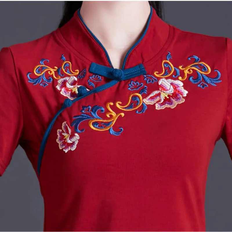 Cheongsam Women Plus Size Tops 2024 Summer Cotton Blend Embroidery Splicing Stand Collar Short Sleeve Chinese Style Qipao Shirts