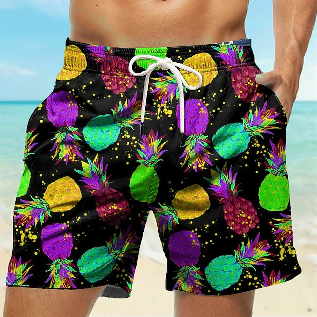 Men\'s Board Shorts Pineapple 3D Print Shorts Swim Trunks Drawstring Summer New Quick Dry Short Holiday Beach Hawaiian Shorts