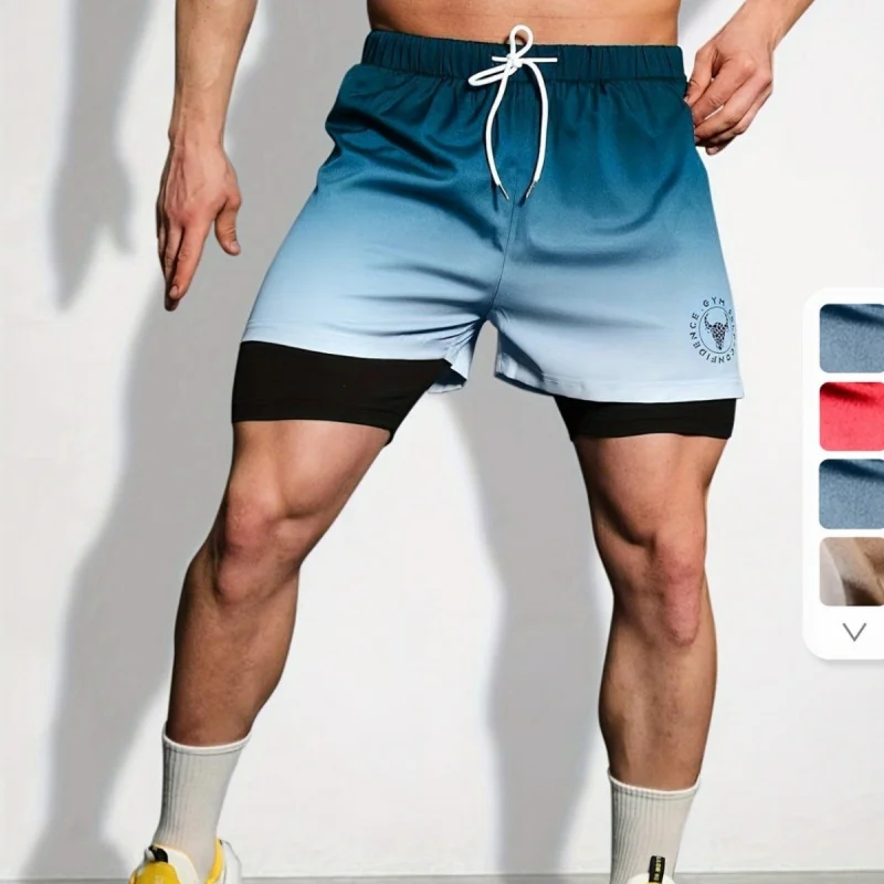 

Casual Breathable Men's Solid Color Gradient Quick-Dry Double-Layer Anti-Exposure Printed Shorts for Summer Beach and Fitness