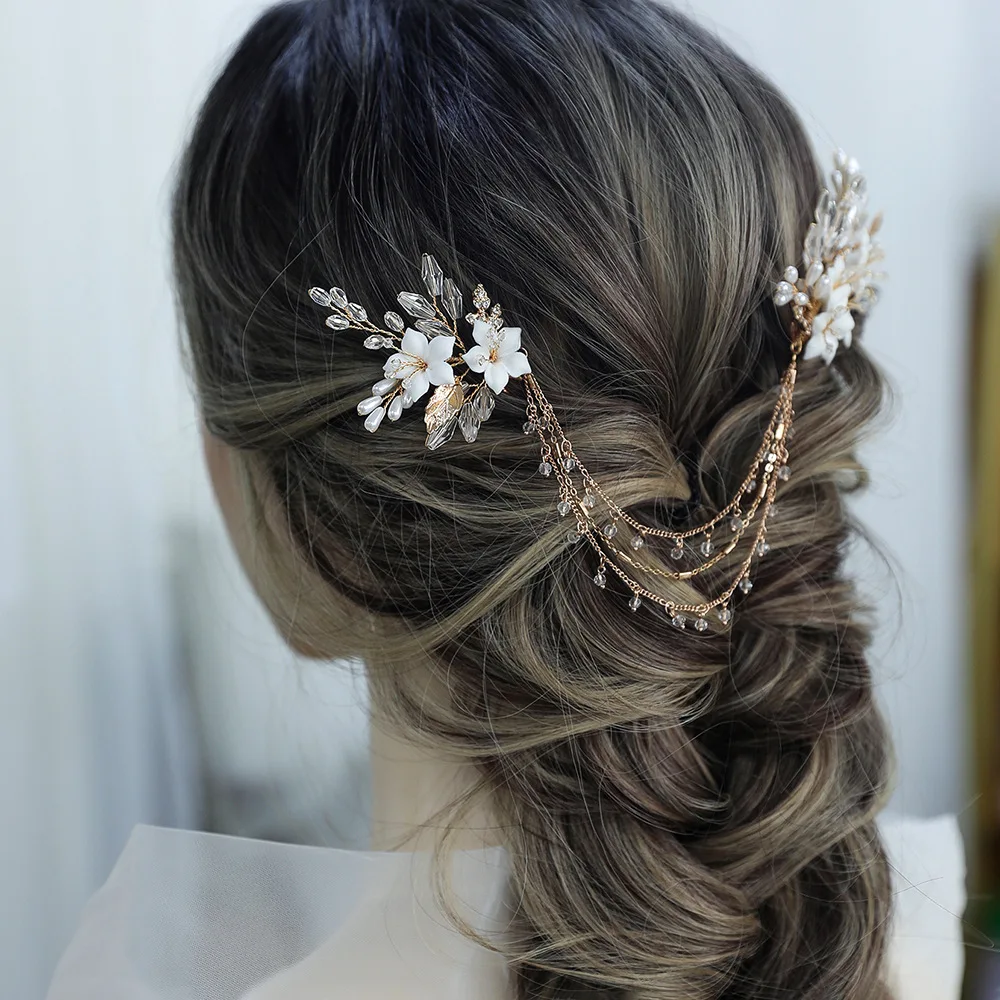 Delicate Cermaic Flower Bridal Hair Comb Piece Women Headchain Gold Color Handmade Wedding Girls Accessories