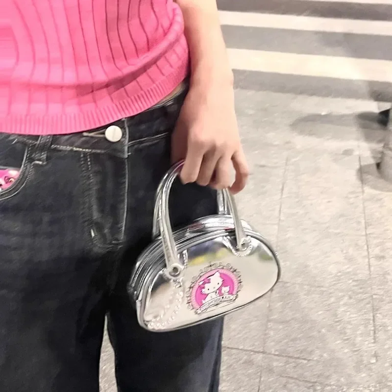 Mbti hello kitty bolsa feminina prata pequena vintage verão moda couro boston saco pérola doce bonito kawaii dos desenhos animados saco feminino