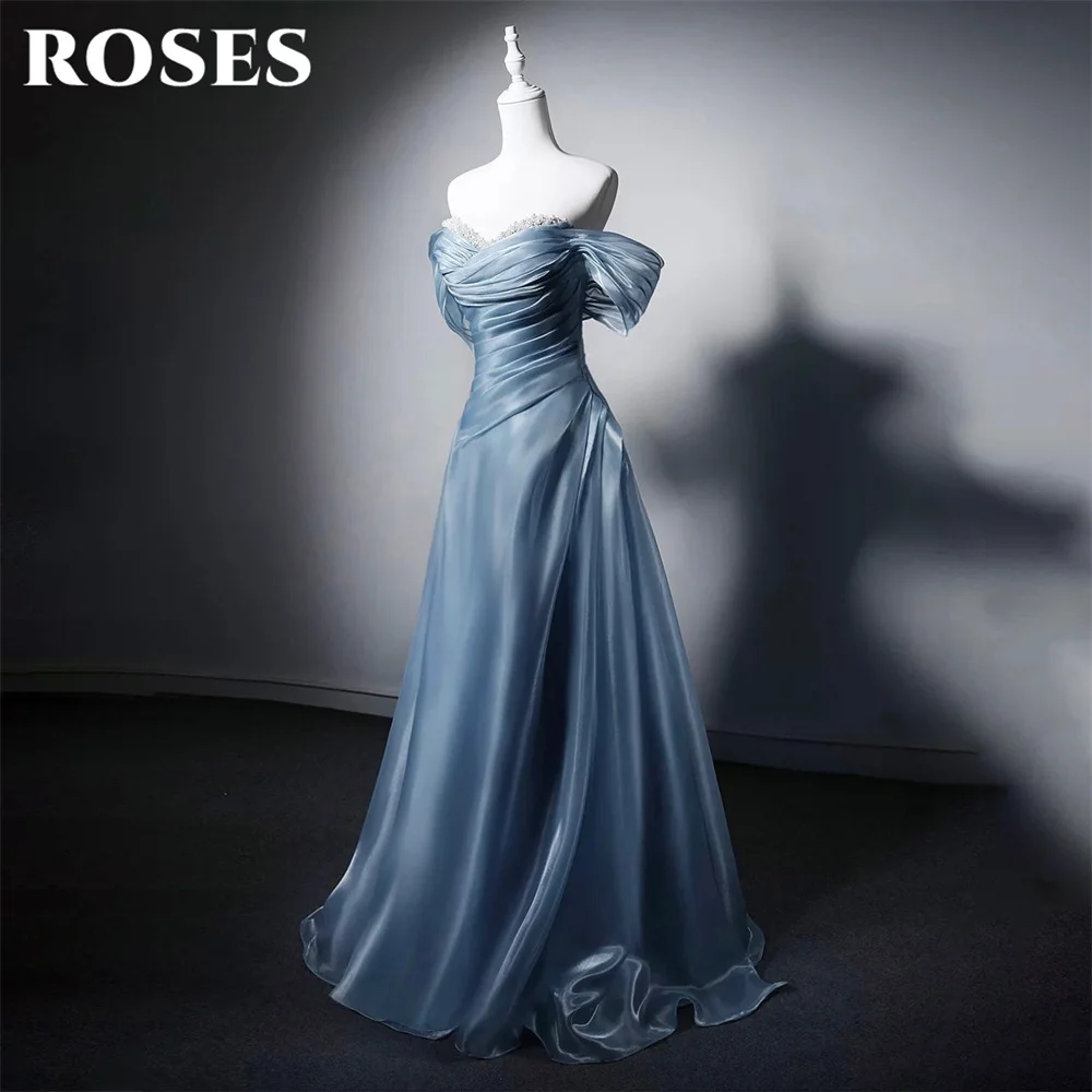 

ROSES Dusty Blue Evening Gown Off the Shoulder Prom Dress with Pearls Wedding Dress Lace Up Back Brobes de soirée Customized