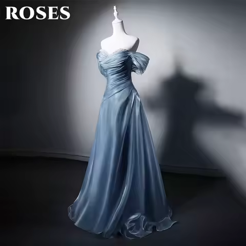 ROSES Dusty Blue Evening Gown Off the Shoulder Prom Dress with Pearls Wedding Dress Lace Up Back Brobes de soir&eacute;e Customized