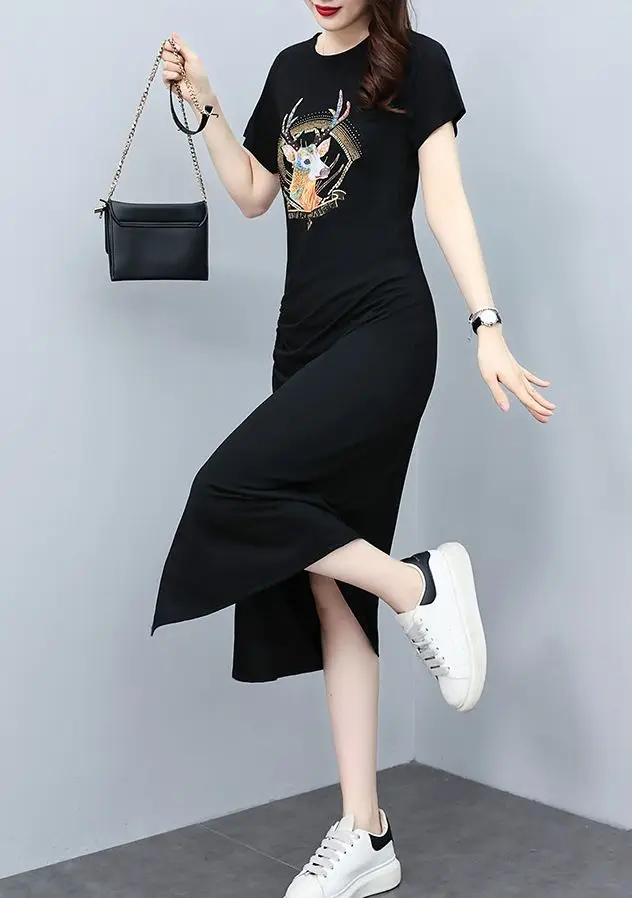 Large Size L-5XL Deer Print T Shirt Midi Long Dress Short Sleeve Folds High Spilt Fashion Casual Dresses For Women Vestido Robe