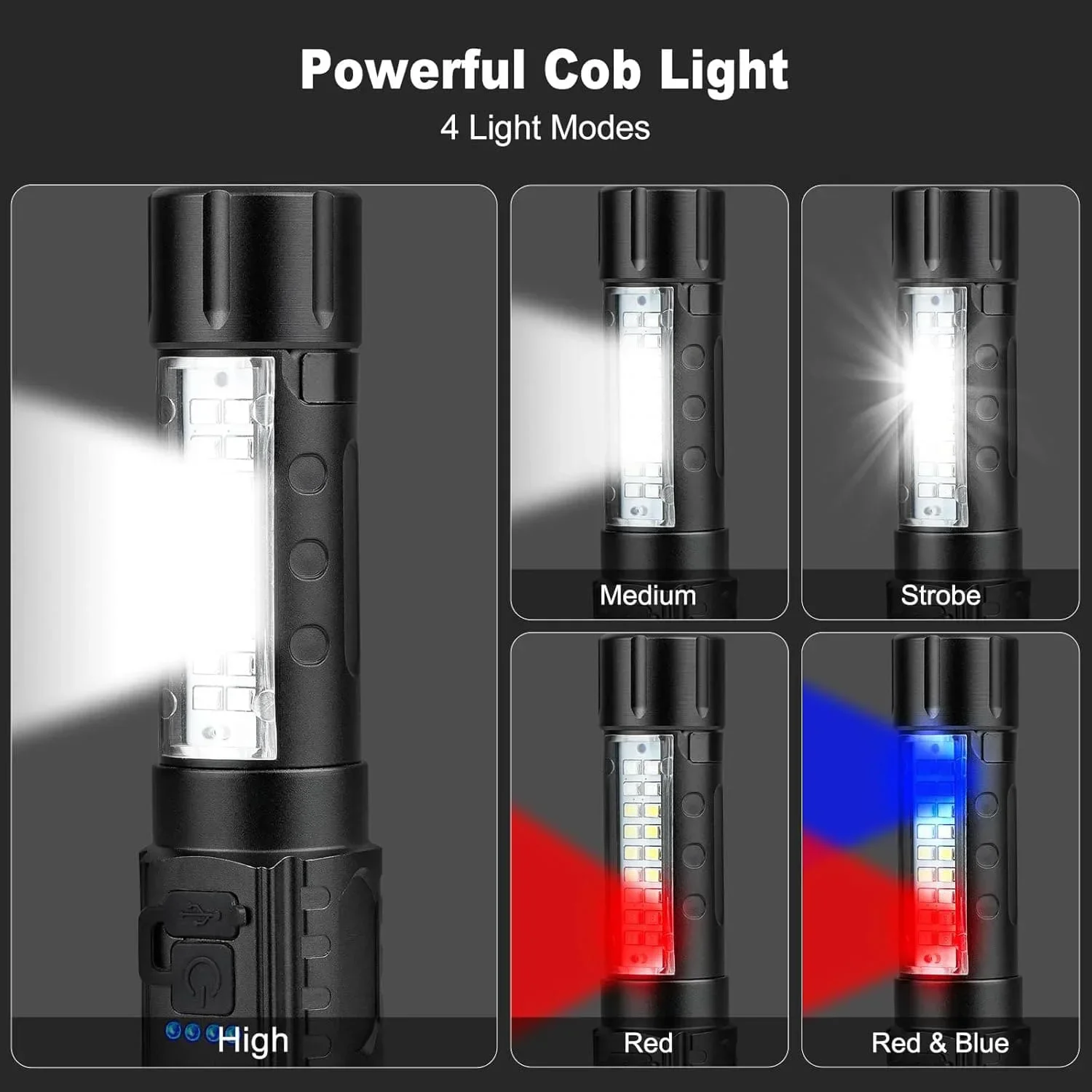 Torcia a luce forte con ricarica, lunga durata, illuminazione multifunzionale a lungo raggio per esterni, torcia con luce da lavoro