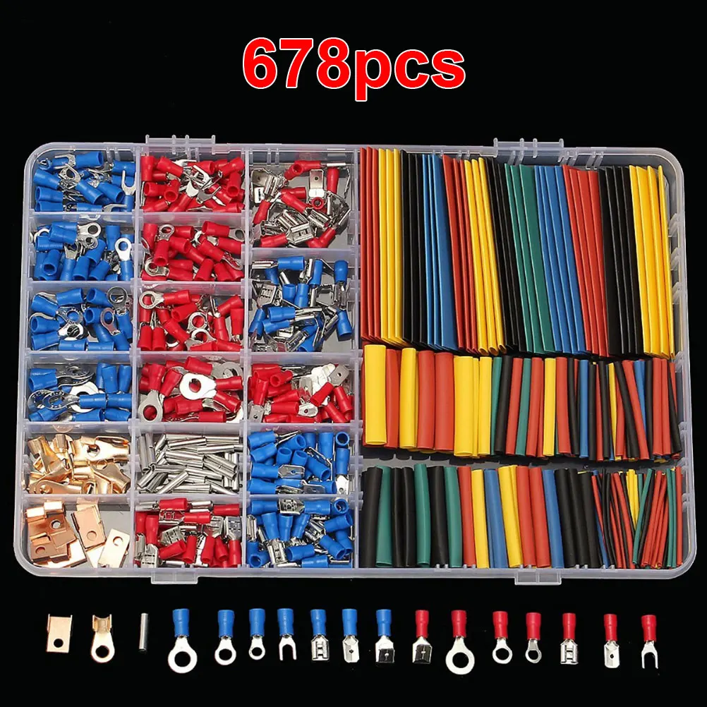 

678 шт., набор обжимных клемм для проводов, изолированные электрические разъемы, комплект термоусадочных трубок