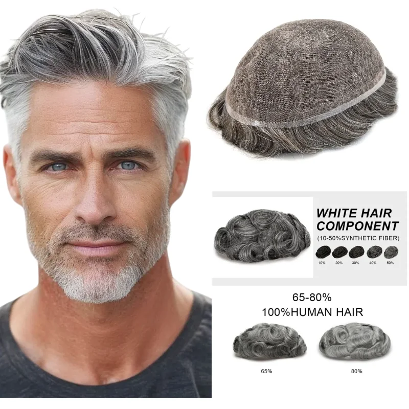 

Серый смешанный парик для мужчин 8x10 дюймов, человеческие волосы, полная кружевная основа | Для гостиницы Stay Colors 1B20 # 613 Легкий уход