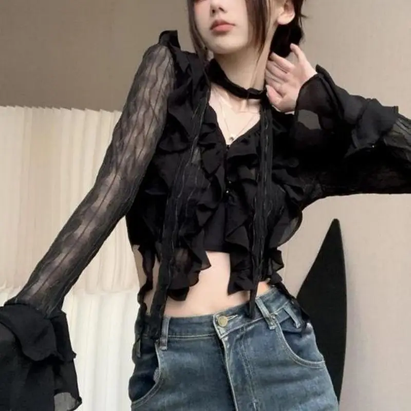 Women Cropped Lace Shirts Women Sexy V-Neck Mesh Blouses Solid Color Summer Vintage Streetwear Female Long Sleeve Short Cardigan