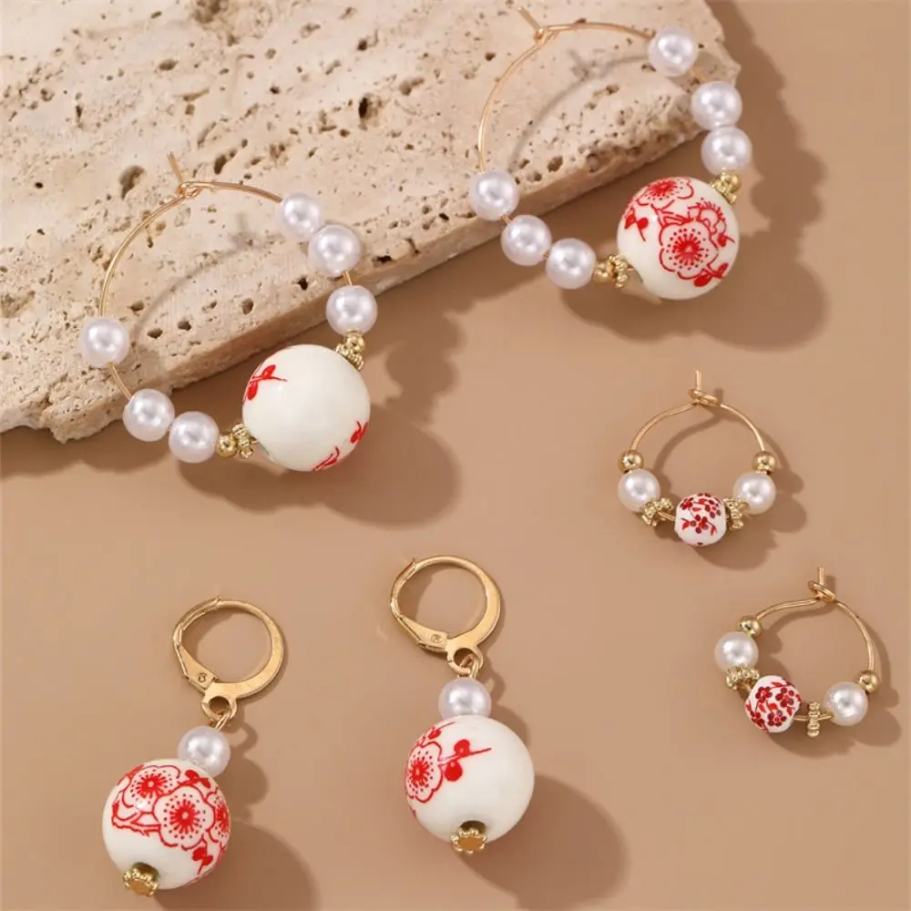 Ceramics Pearl Dangle Earring Bohemia Earrings Rice Bead Blue and White Porcelain Earrings Korean Style Handmade