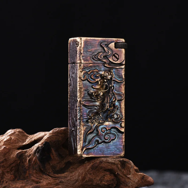 Original Copper Pure Hand-carved Flying Fairy Push Arm Kerosiene Lighter Cool Fashion High-end Gift Windproof Lighter