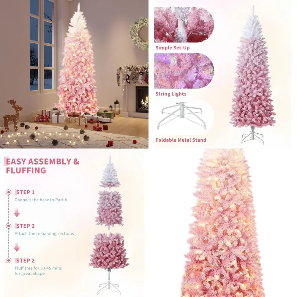 

Pre-Lit Snow Flocked Pencil Christmas Tree, 7.5 ft, RGB & Warm White Lights, Foldable Base, Pink Gradient, Holiday Decor for Hom