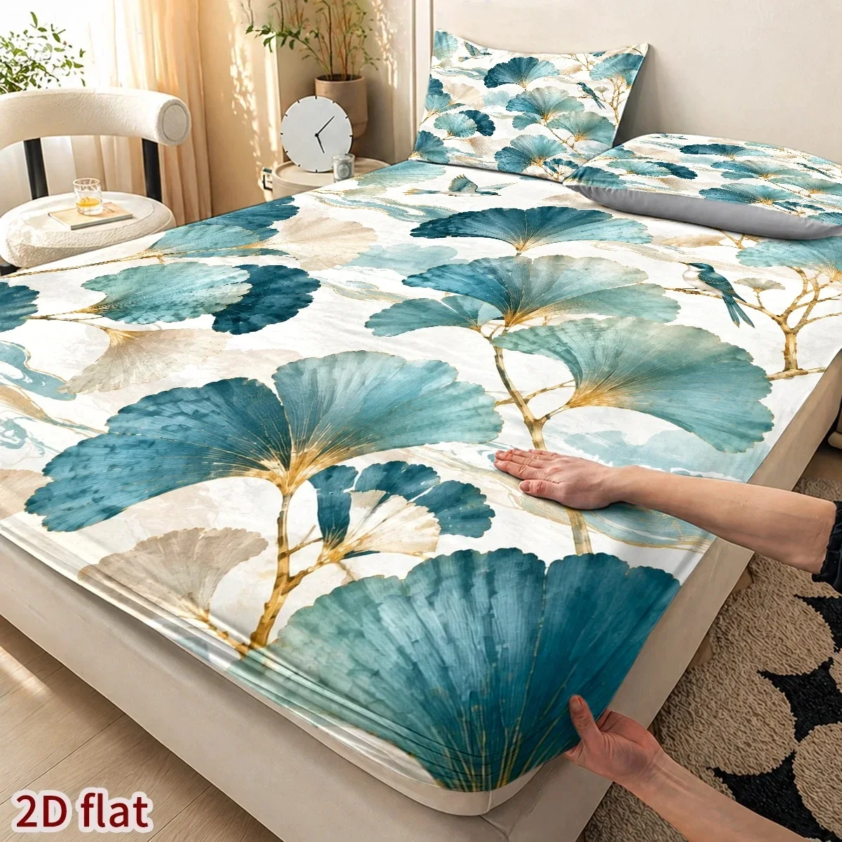 Elegant Ginkgo Leaf Bedding Set, Printed Three-Piece Bed Sheet Set, Bedding (Includes 1 Fitted Sheet + 2 Pillowcases), 3-Piece Set, Deep Pocket Fitted Sheet with 2D Print and 2 Pillowcases, Mattress Protector, Fitted Elastic Style, Protective Cover, Mattress Protector, Suitable for All Seasons, Machine Washable Design, Holiday Decoration, Various Sizes, Breathable Protective Cover with Pillowcase