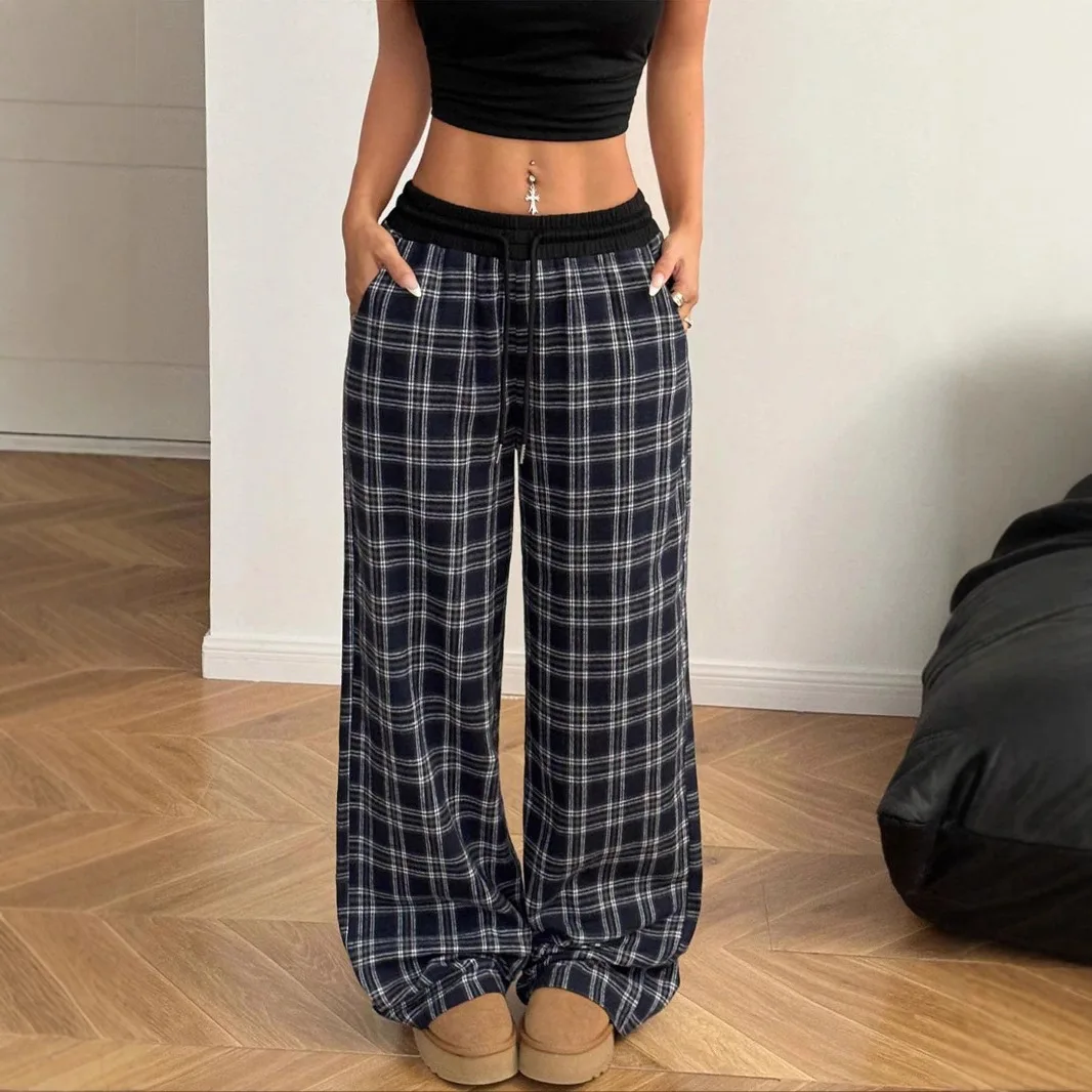 2025 Autumn New Fashionable Loose Elastic Waist Home Checkered Pattern Casual Pants