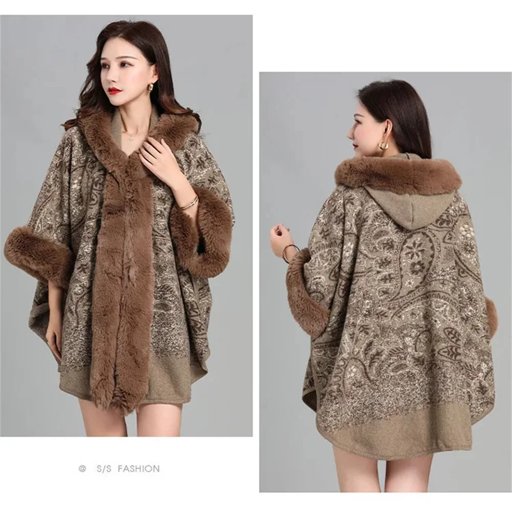 6 Color Women Thick Cardigan Cloak Printed Batwing Sleeves Warm Loose Overcoat With Hooded Winter Faux Rabbit Fur Collar Cape