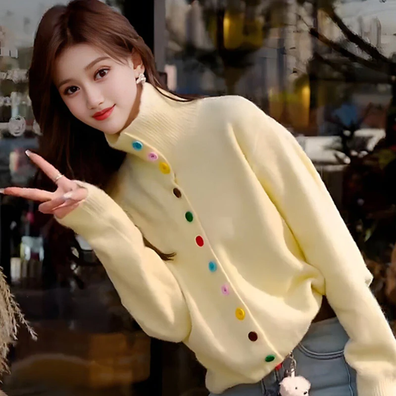 

Women's High Collar Spring Cardigan Sweater Soft Knitted Waxy Top with Retro Color Buttons Casual Fashion Coat for Ladies