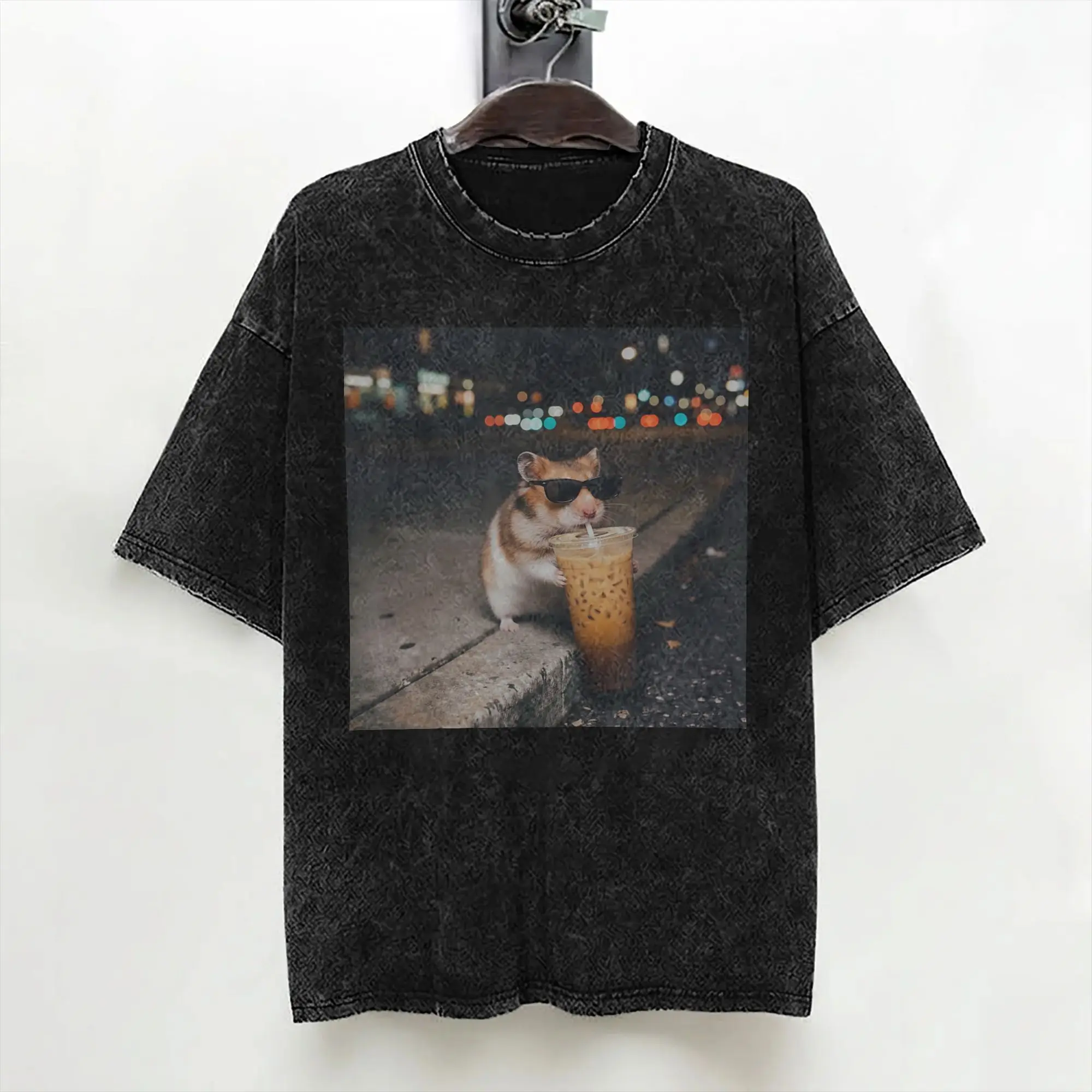 Hamster Drinking iced Coffee Meme T Shirt Washed Short Sleeve Street T-Shirt  Novelty Men Women Streetwear Printed Tee Shirt