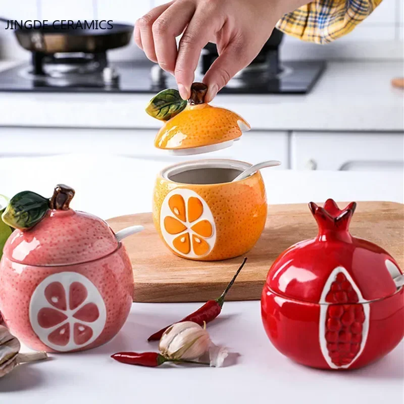 Creative Ceramic Seasoning Jar Bottle Kitchen Decoration Racks Fruit Melon Shape Spices Storage Tank Sugar Bowl with Lid &Spoon