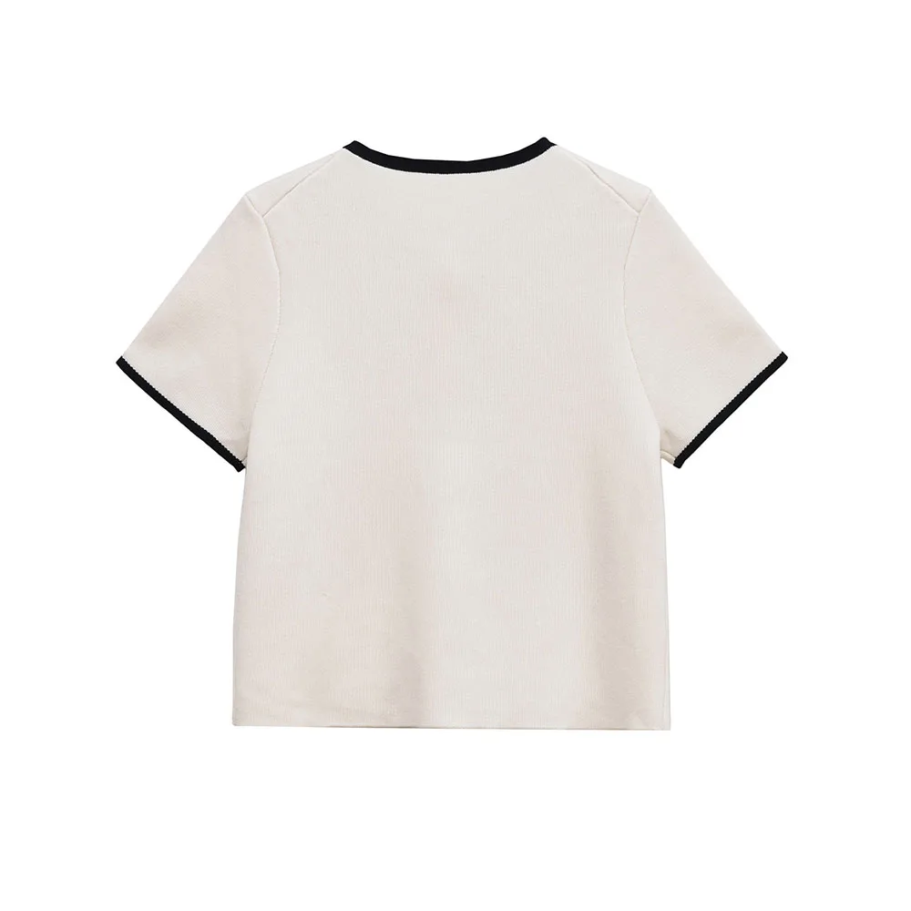 New Black White Contrast Color T Shirt Round Neck Single Breasted Knit Top Bow Tie Design Casual Knit Sweater For Women
