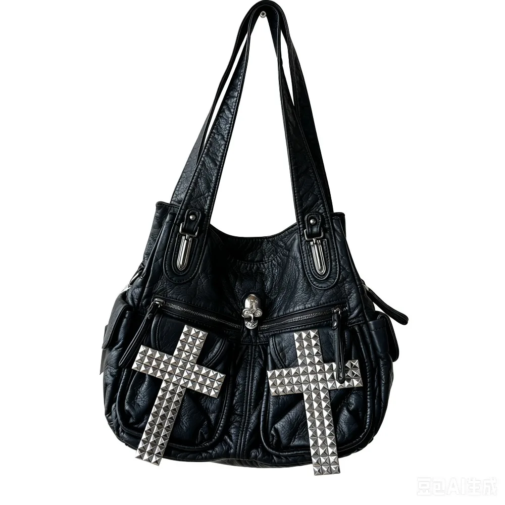 

Black Leather Shoulder Bags Cross Rivet Locomotive Bag Designed Tote Bag Original Subculture Punk Crossbody Bag