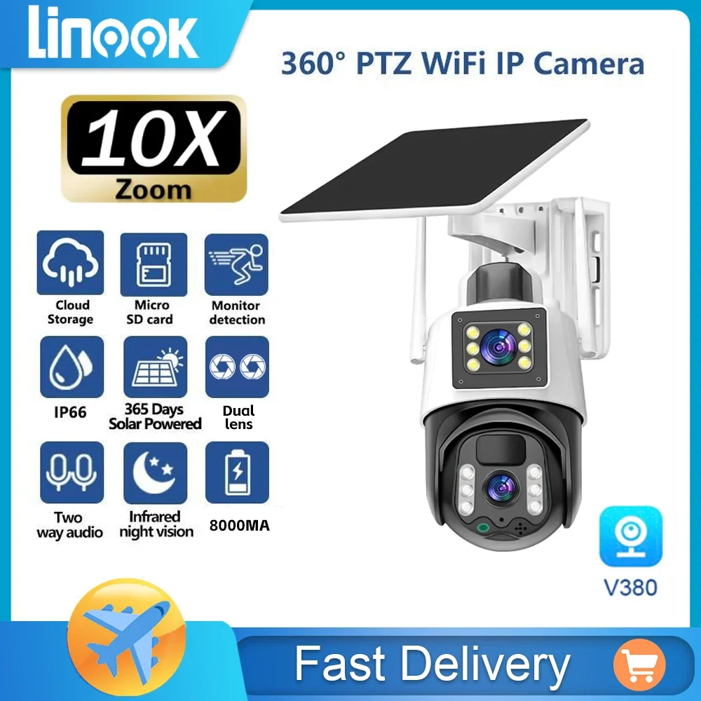 

Linook V380 Solar 8MP 10x Zoom, CCTV, 4G, SIM card camera, wireless WIFI solar cell, outdoor waterproof, 360 pan tilt IP camera