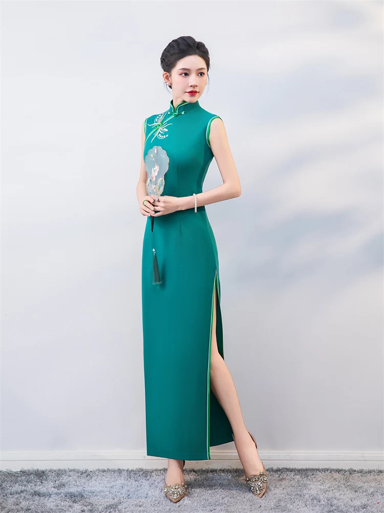 

Элегантное женское сценическое платье-ципао с высоким разрезом, дышащее, утепленное, с вышивкой, длинное