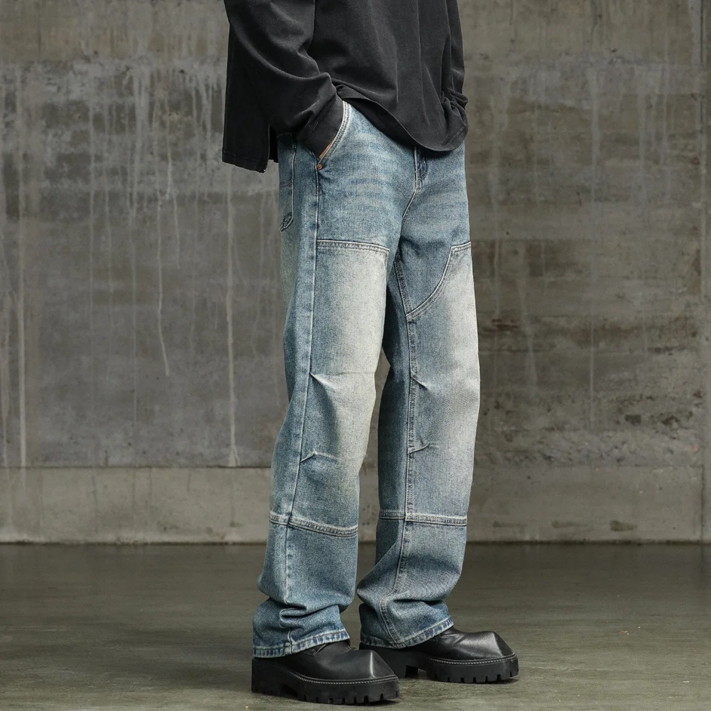

American New Fashion Men's Washed Blue Solid Color Casual Trendy Wide Leg Straight Loose Spliced Denim Cargo Trousers Male Pants