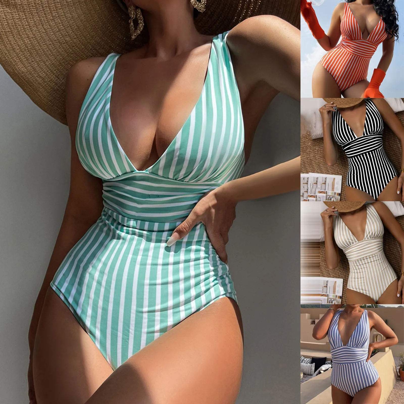 2024 Striped Printing One Piece Swimsuit Vintage Swimwear Women V-neck Bathing Swimming Suits Female Summer Beachwear Bikini Set