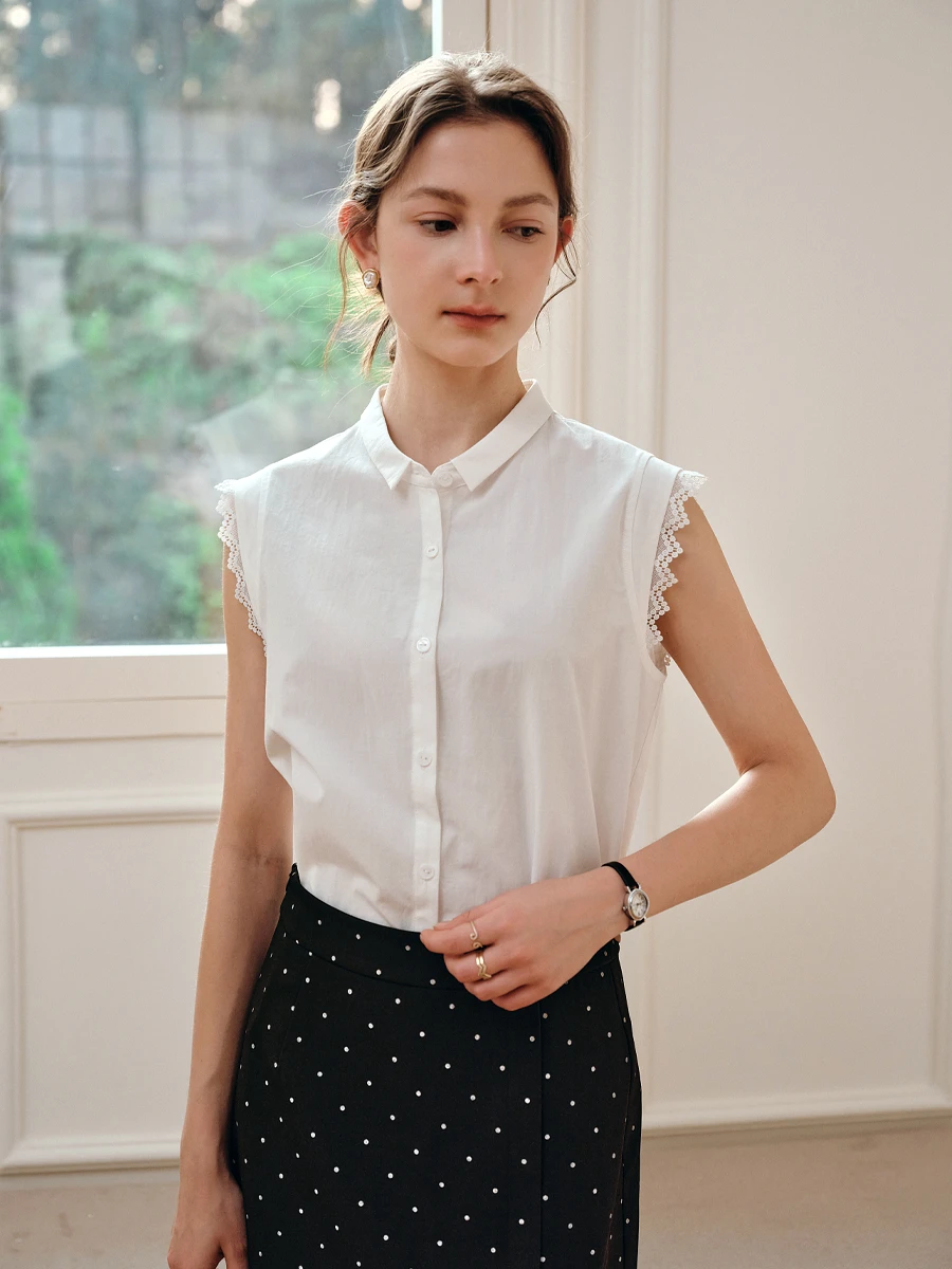 

OLrain Tops Woman 2025 Office Lady Summer White Sleeveless Shirts Lace Splicing Button-up Front Blouse Camiseta Mujer O57XC98853