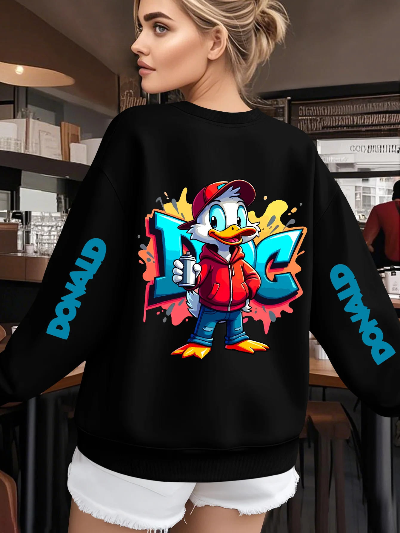디즈니 도널드 덕 그래피티 스트리트 아트 프린트 여성용 남성용 코튼 가을/겨울 풀오버 후드티 오버사이즈 탑 긴 소매