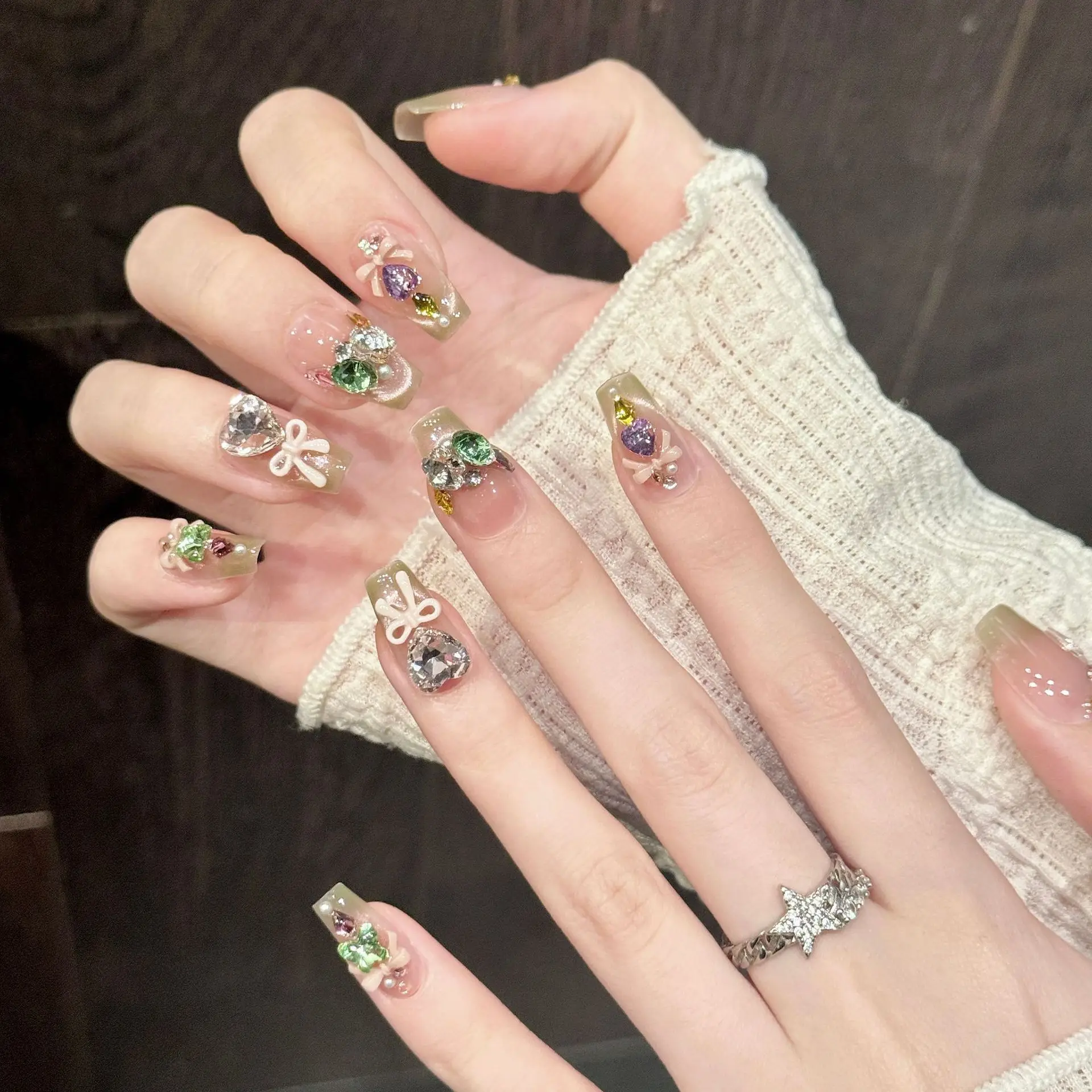 10PCS Coffin Handmade Press On Nails, Naked Powder Gradient Cat's Eye Colored Diamond, Suitable For Parties And Daily Wear.
