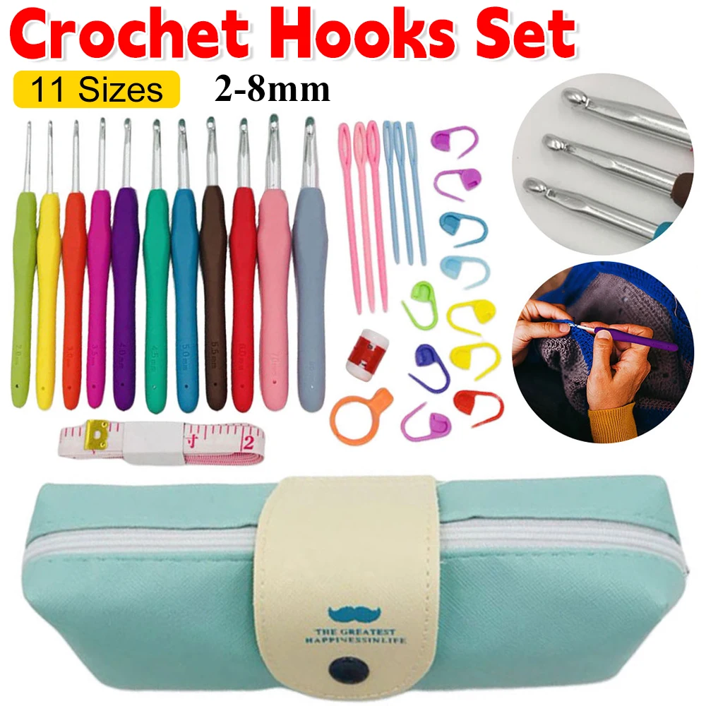 Colorful Crochet Hooks Set 11 Sizes Aluminum Crochet with Storage Bag Ergonomic Handle Crochet Hooks Kit DIY Sewing Accessories