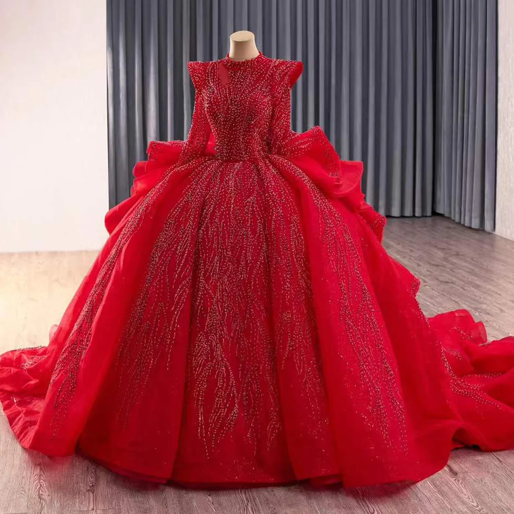 

Lace Evening Dresses Luxury 2025 High Long Sleeve Crystal Beaded Lace Up Button Back Red Long Dresses For Special Occasions