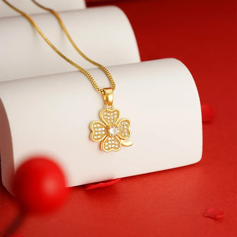 Real 14k Gold Color Clover Pendant with Zircon Box Necklace Chain for Women Luxury Jewelry Clavicle Chain Fine Jewelry Gifts