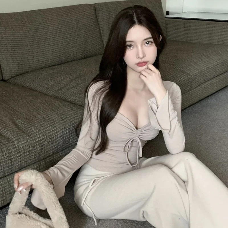 

Spring Autumn Women's Crop Top Trumpet Long Sleeves Solid Colour Slim Sexy