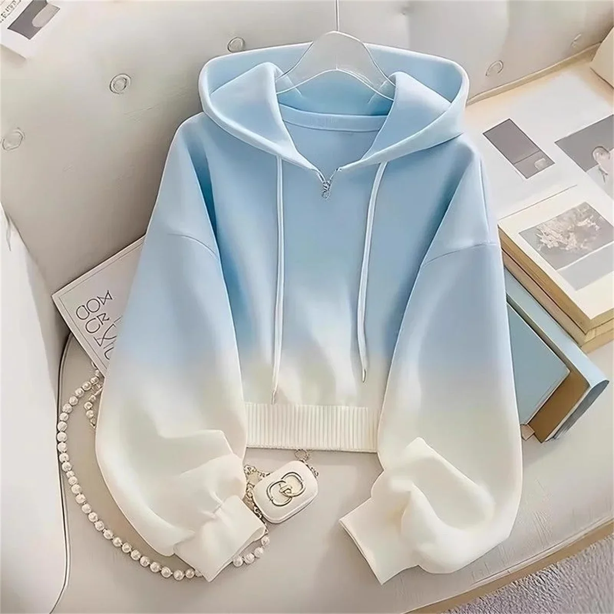 2025 Gradient Temperament Blue Solid Color Hooded Coat Spring and Autumn Dressing Up Collection Casual Fashion Trends Outdoors