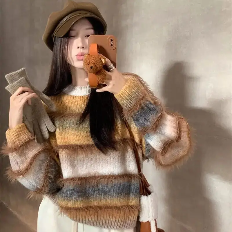 

Maillard Pullover Striped Women Autumn Winter Design Niche Retro Loose Short Furry Knitted Top