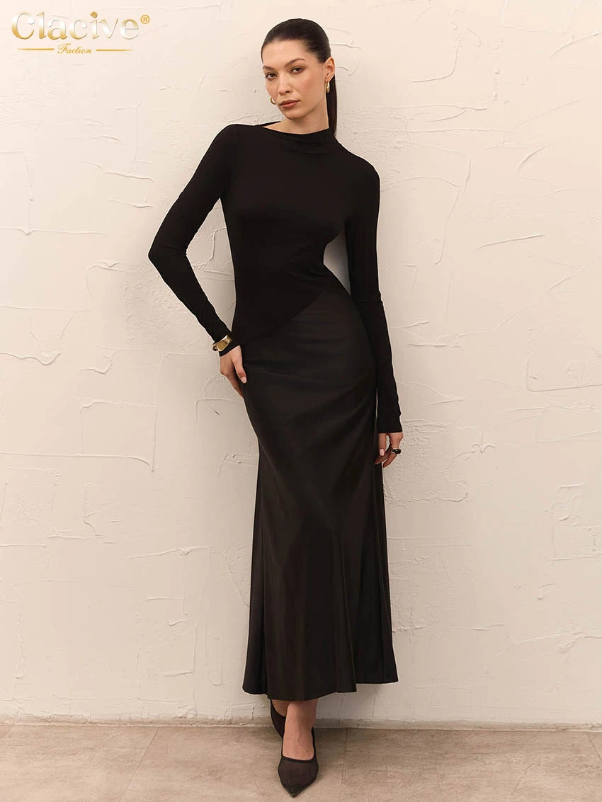 

Clacive Fashion Slim Wine Red Women's Dress 2026 Bodycon O-Neck Long Sleeve Ankle Length Dresses Elegant Classic Female Dress