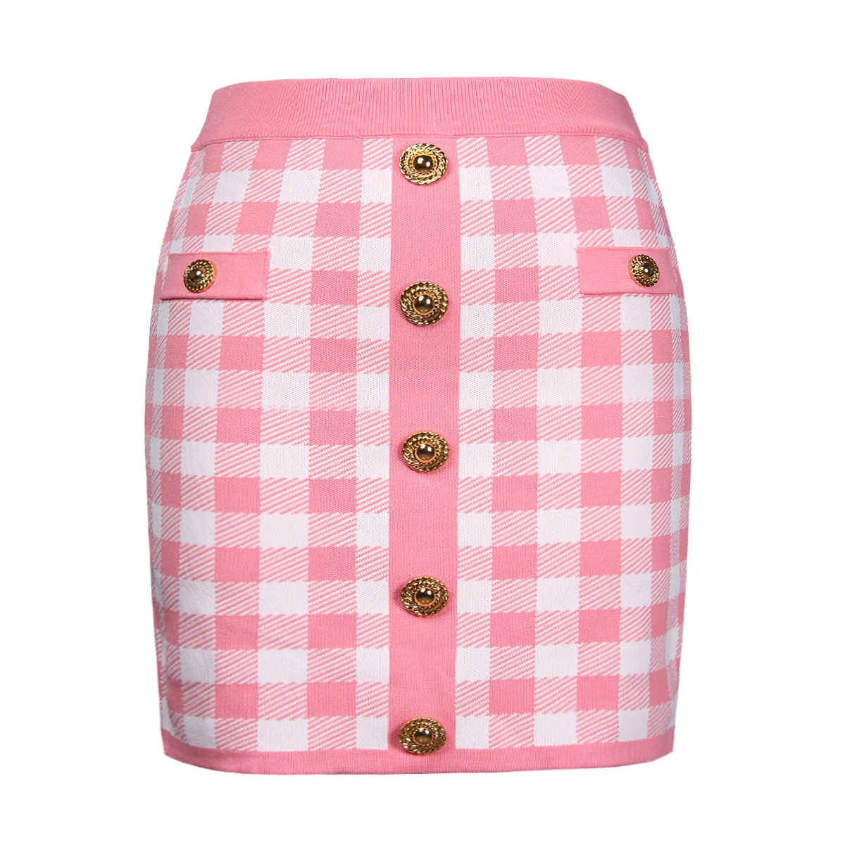 SML Three Colors High Quality Plaid Pattern Gold Button Zipper Slim Fit Elastic Knitted Sexy Commuter Casual Women's Short Skirt