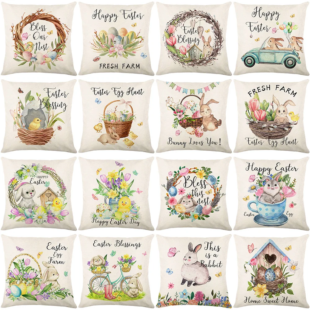 2022 Spring Easter Home Decor Cushion Cover Square Linen Pillow Cover 18x18 Inch Cartoon Bunny Easter Eggs Printed Pillowcase