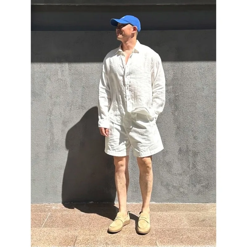 

Summer Cotton Linen Shirt Set Men's Breathable White Button Down Long-sleeved and Drawstring Shorts Vacation Beach 2pcs Outfits