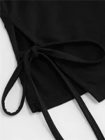 Women Boat Neck Long Sleeve Top, Slim Fit Asymmetric Hem T‑Shirt, Side Tie Cutout Solid Black Casual Basic Tee For Daily Wear 5