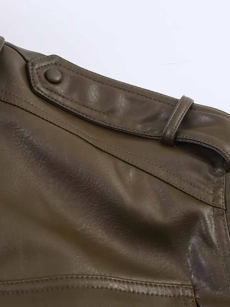 European and American style autumn new fashion women's motorcycle shiny imitation leather stand collar long sleeve jacket short