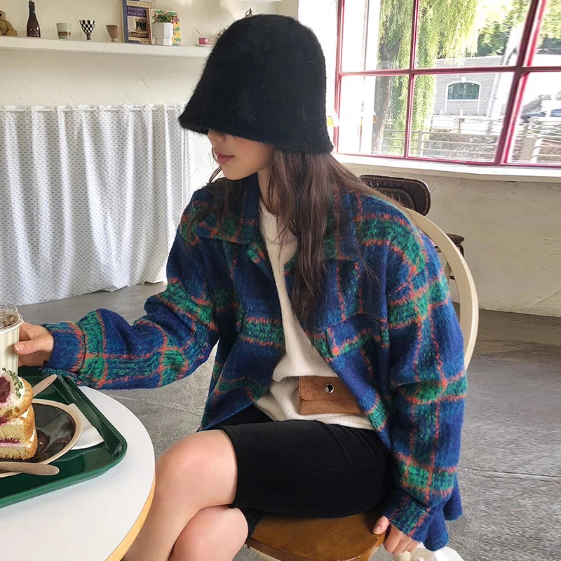 

Chic Autumn Plaid Color Blo Loose Fit irt Sle Woolen ort Coat for Women Button Closure Long Sve Regular Length