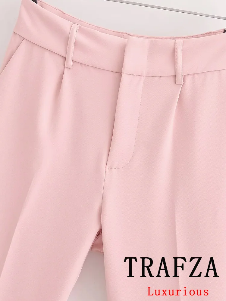 TRAFZA Casual Office Lady Pants Women Solid Wide Leg Pockets Zipper Long Pants New Fashion 2024 Autumn Winter Basics Suit Pants