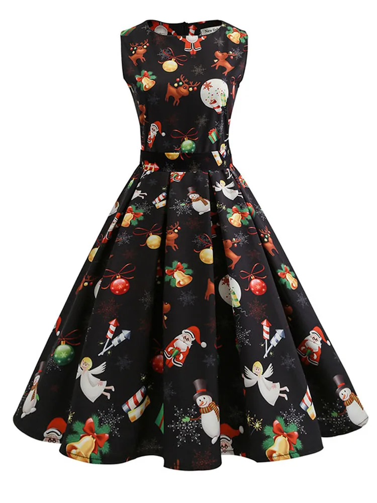 

Women's Floral Print Slim Fit Vintage Christmas Dress Sleeveless Elegant Midi Xmas Party Gown Sizes S to 3XL