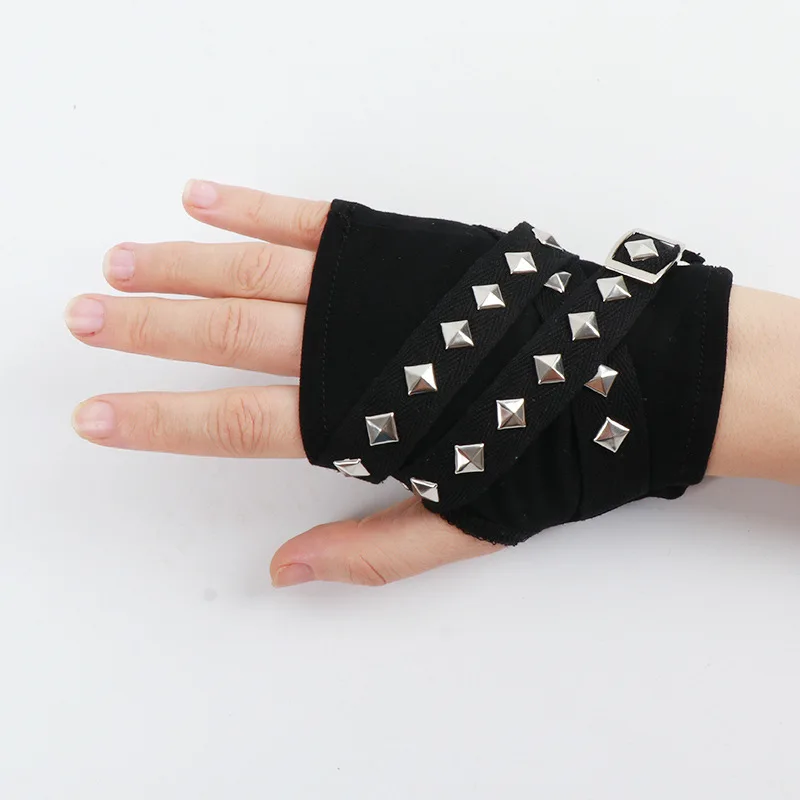 Gloves Black Rivet Strappy Chain Punk Y2K Edgy Girl Grunge Street Dance Stage Accessory Faux Leather Alloy Medium Lightweight